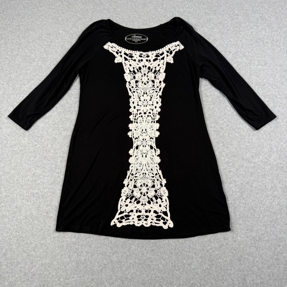 Soma Live Lounge Wear Black Crochet Lace Panel 3/4 Sleeve Tunic Top Small